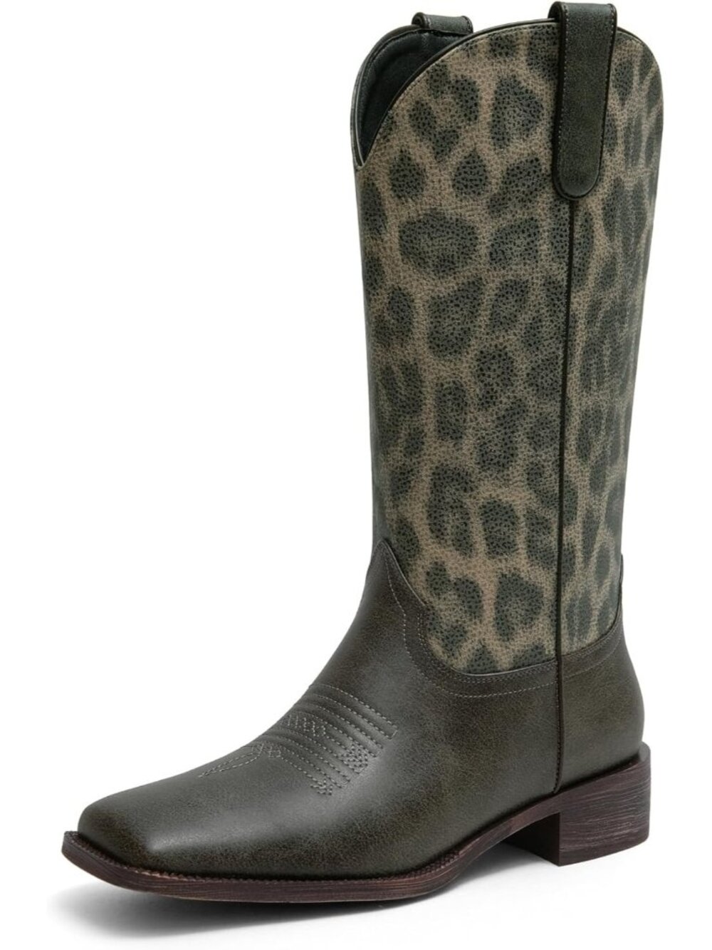 Women's Metal Cowgirl Boots Mid Calf Boots Square Chunky Low Heel Leopard Print